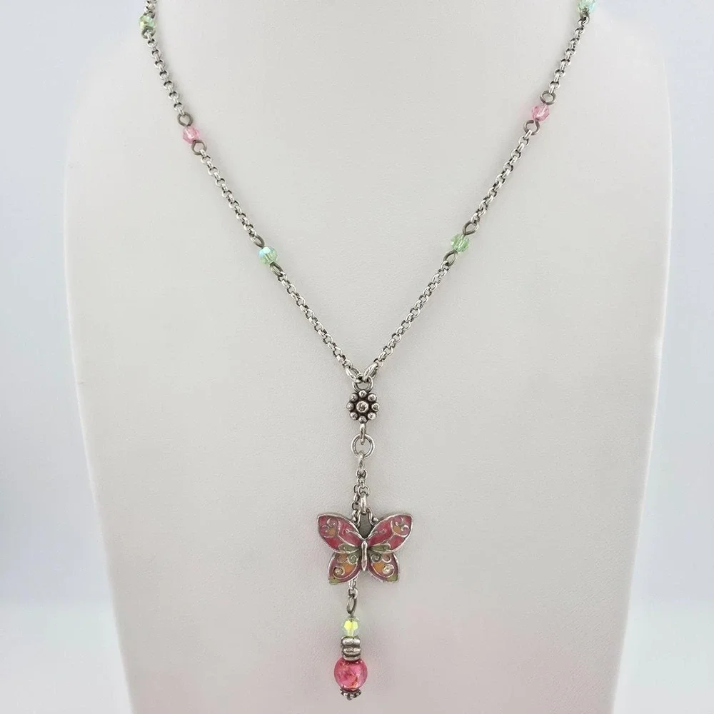 BRIGHTON Flutter Y Necklace Butterfly Pink Green Crystal Enamel Silver Plate 19" - Picture 3 of 12